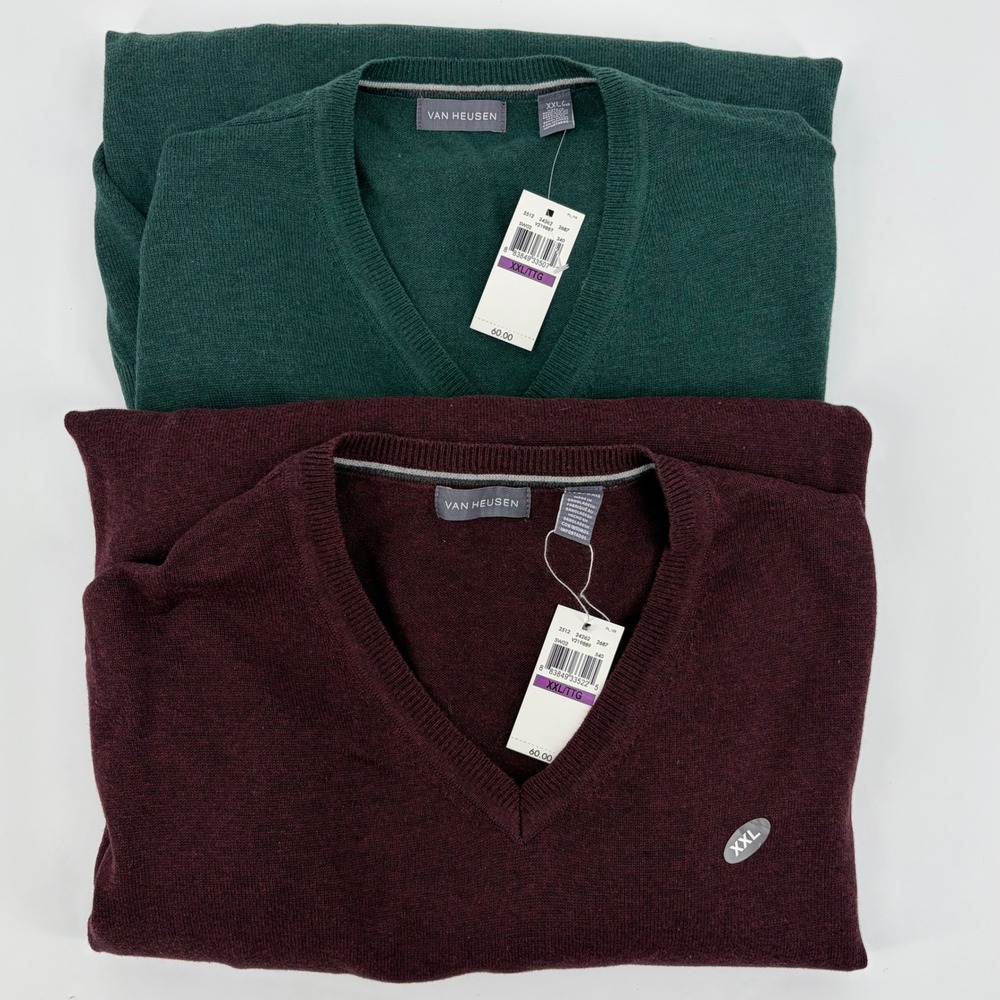 Van Heusen V-Neck Sweater Mens XXL 2 Pack Green Burgundy Cotton Blend NEW